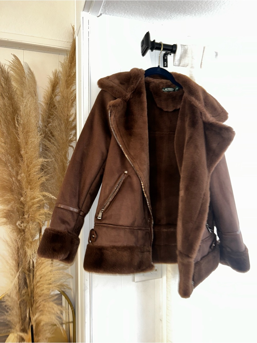 Lauren Ralph Lauren Brown Faux Suede Shearling Moto Jacket - Picture 9 of 9